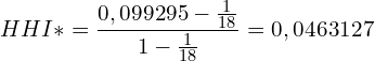\[ {HHI}*=\frac{0,099295-\frac{1}{18}}{1-\frac{1}{18}}=0,0463127\]