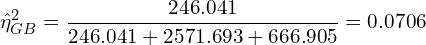 \[ {\hat\eta_{GB}^{2}}  = \frac{246.041}{246.041 + 2571.693 + 666.905} = 0.0706 \]