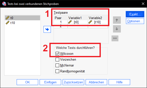 Wilcoxon Test, klassische Dialogfelder SPSS