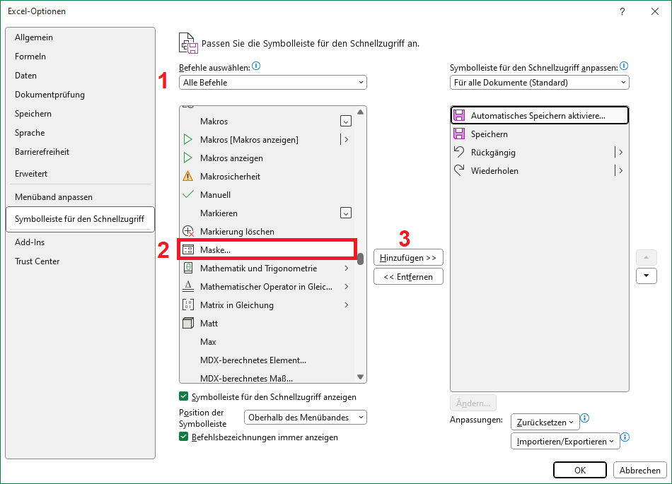 Eingabemaske Excel hinzufügen