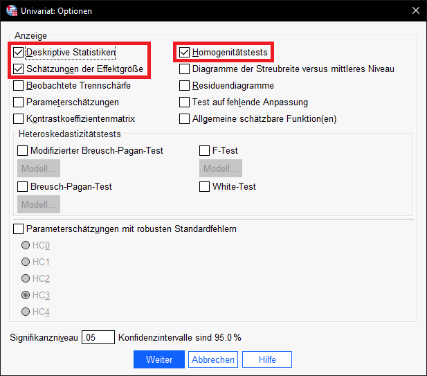 Zweifaktorielle ANOVA SPSS Optionen