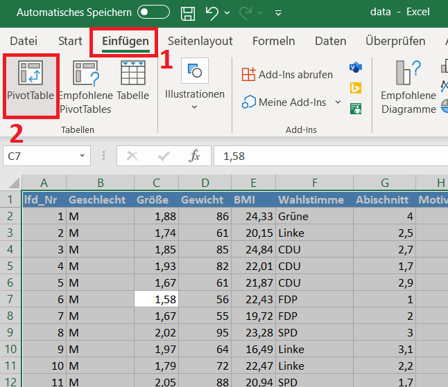 Kreuztabelle Excel