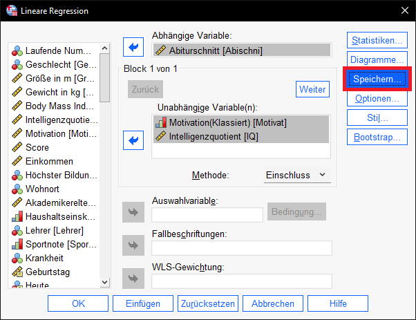 Rechnen einer multiplen linearen Regression in SPSS und Klicken des Buttons